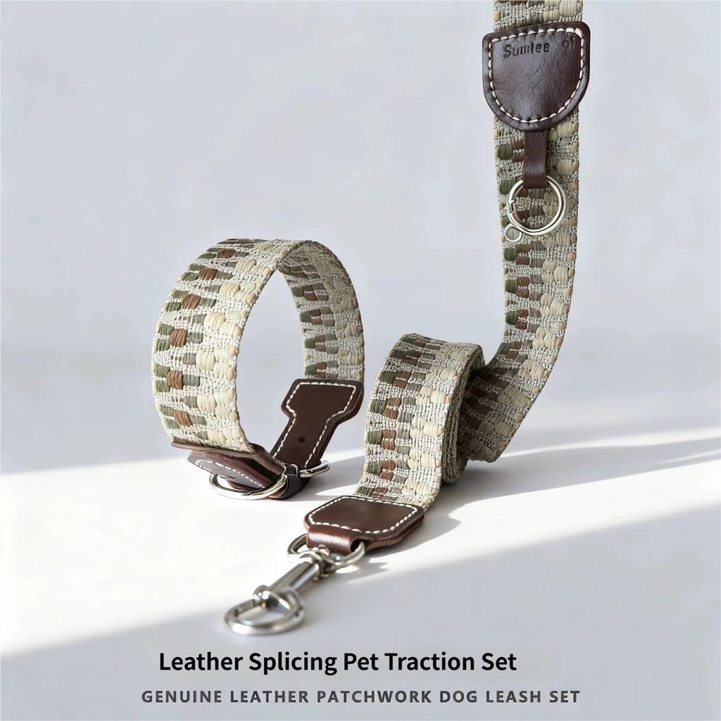 Bohemian Hand Woven Dog Collar 3.8CM Wide Genuine Leather dog collar Soft Cotton Webbing Heavy Duty Pet Walking Leash For Small Medium Large Dogs