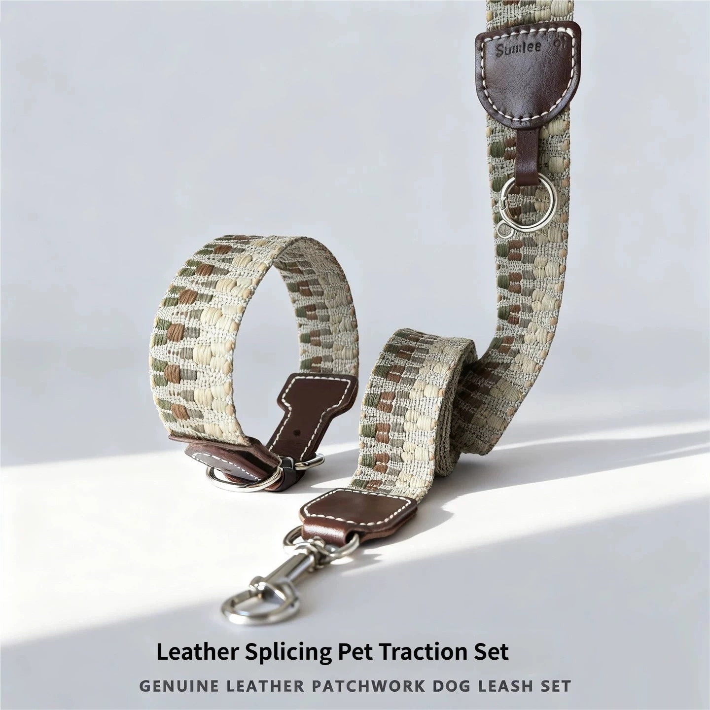 Bohemian Hand Woven Dog Collar 3.8CM Wide Genuine Leather dog collar Soft Cotton Webbing Heavy Duty Pet Walking Leash For Small Medium Large Dogs