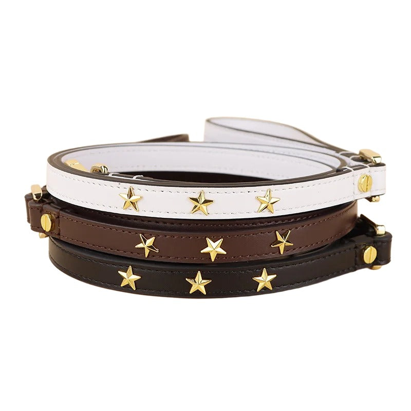 Genuine Leather Dog Leash with Gold Star Studs Luxury Soft Leather Puppy Walking Lead Pet Leash for Small Medium large Dogs