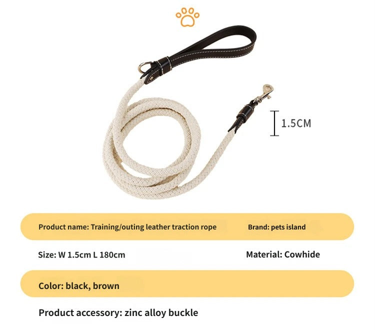 Braided Cotton Rope Dog Leash with Genuine Leather Handle Heavy Duty Anti-Pull Walking Lead Soft Comfortable Pet Training Leash