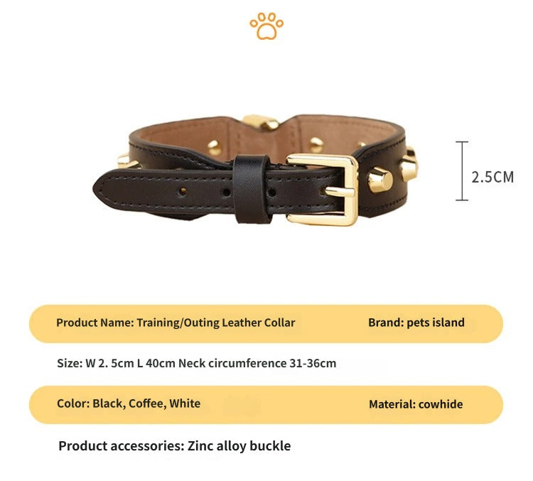 Genuine Leather Dog Collar with Gold Rivet Studs Adjustable Heavy Duty Collar for Small Medium Dogs pet walking training collar