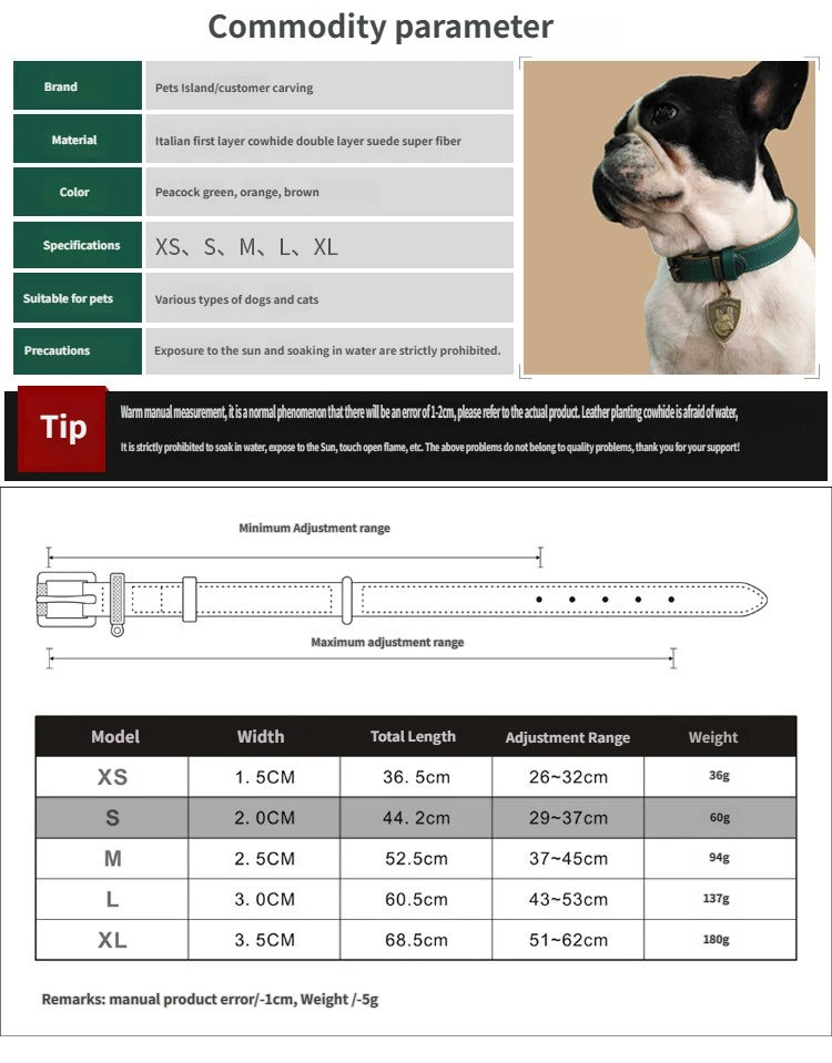 Premium Genuine Leather Dog Collar Italian Full-Grain Cowhide Collar with Vintage Metal Hardware Heavy Duty Anti-Pull Dog collar