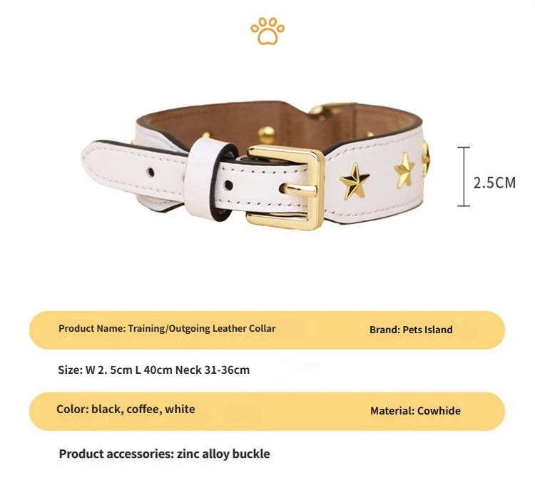 genuine Leather Pet Collar with Gold Metal Star Rivets Adjustable Soft Star Studded Leather Dog Collar wide Dog walking collar
