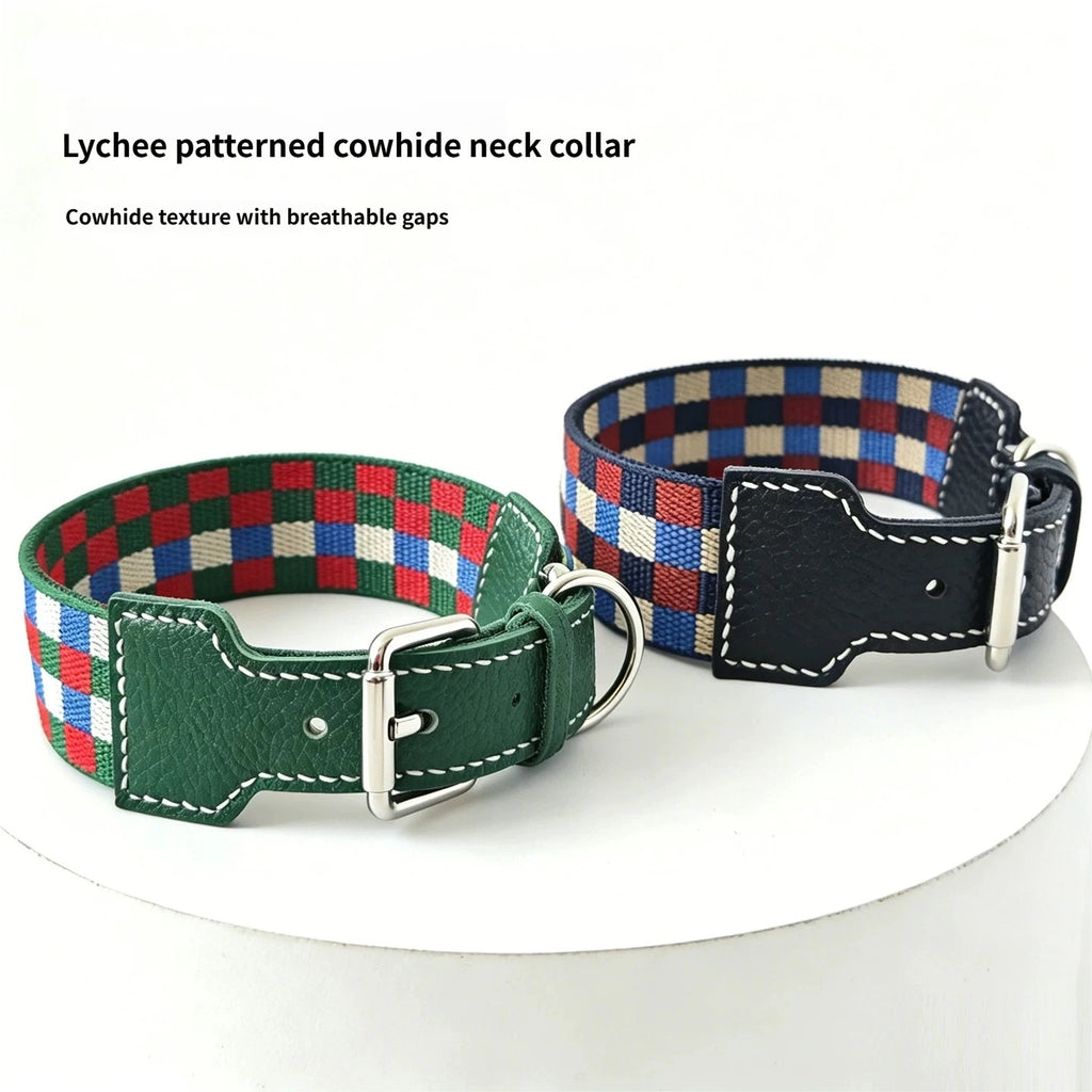 3.8cm Wide Genuine Leather Dog Collar Woven webbing Checkered Pet leash Boho style Adjustable Grid Dog Collar and leash