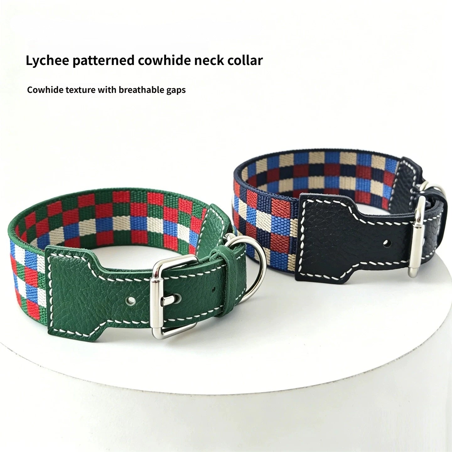 3.8cm Wide Genuine Leather Dog Collar Woven webbing Checkered Pet leash Boho style Adjustable Grid Dog Collar and leash