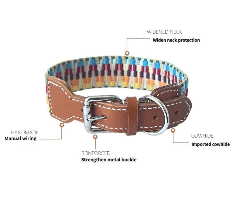 Bohemian Hand Woven Dog Collar 3.8CM Wide Genuine Leather dog collar Soft Cotton Webbing Heavy Duty Pet Walking Leash For Small Medium Large Dogs