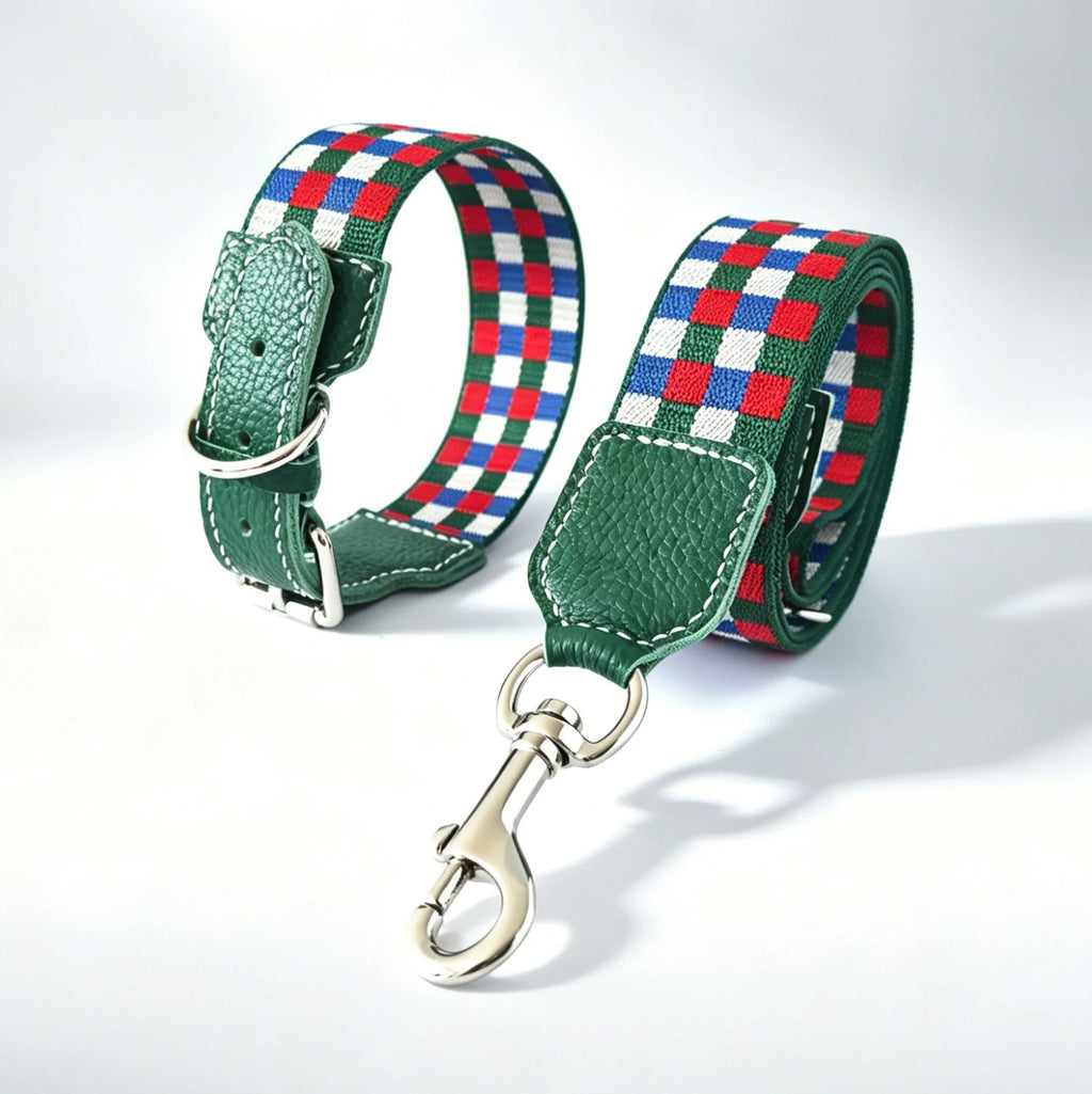 3.8cm Wide Genuine Leather Dog Collar Woven webbing Checkered Pet leash Boho style Adjustable Grid Dog Collar and leash