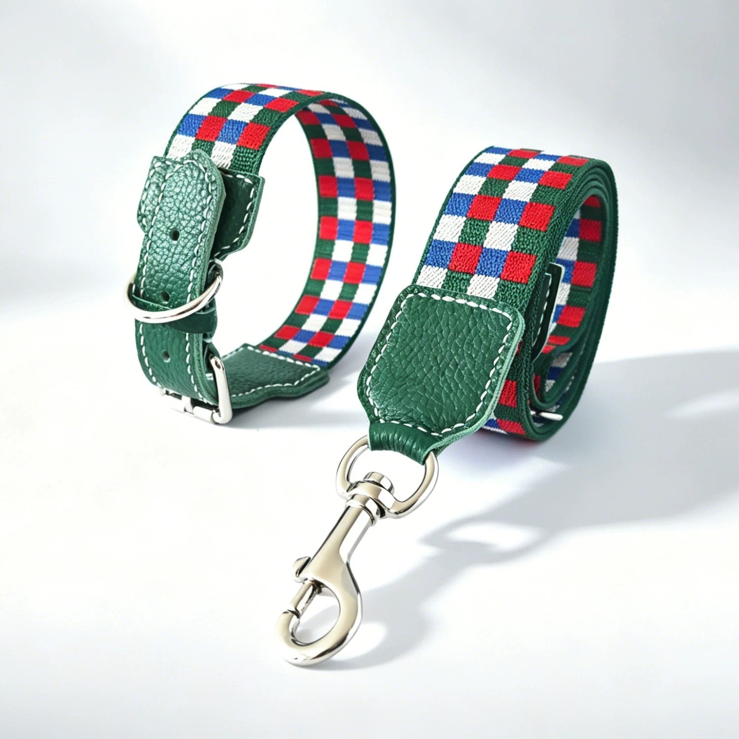 3.8cm Wide Genuine Leather Dog Collar Woven webbing Checkered Pet leash Boho style Adjustable Grid Dog Collar and leash