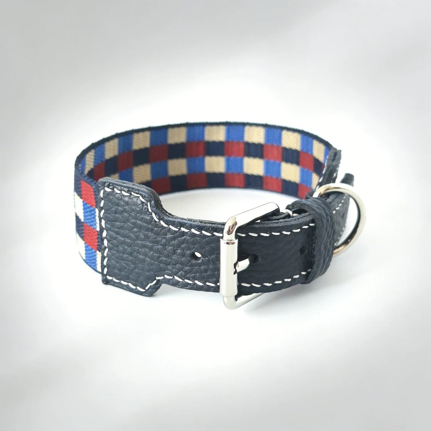 3.8cm Wide Genuine Leather Dog Collar Woven webbing Checkered Pet leash Boho style Adjustable Grid Dog Collar and leash