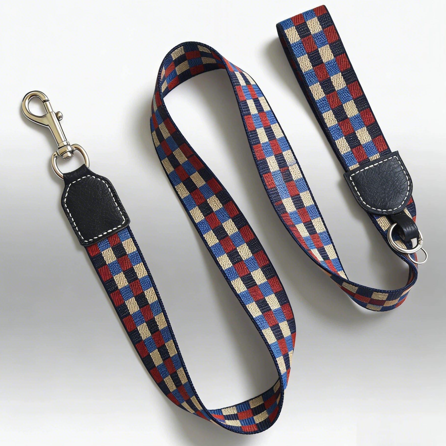 3.8cm Wide Genuine Leather Dog Collar Woven webbing Checkered Pet leash Boho style Adjustable Grid Dog Collar and leash
