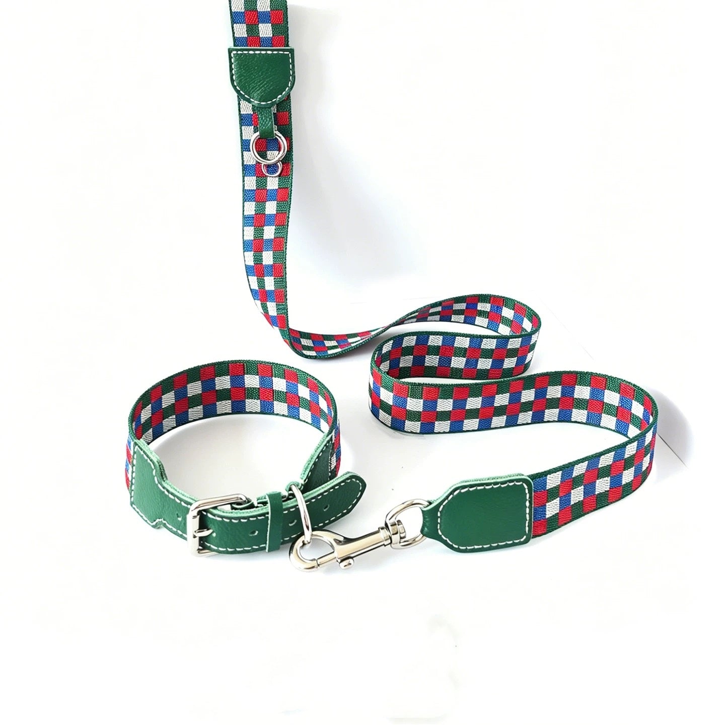 3.8cm Wide Genuine Leather Dog Collar Woven webbing Checkered Pet leash Boho style Adjustable Grid Dog Collar and leash