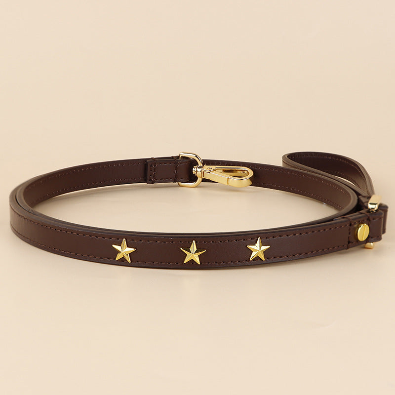 Genuine Leather Dog Leash Thin Stylish Pet Walking Leash with Gold Round Studs Adjustable Soft Leather Puppy Lead