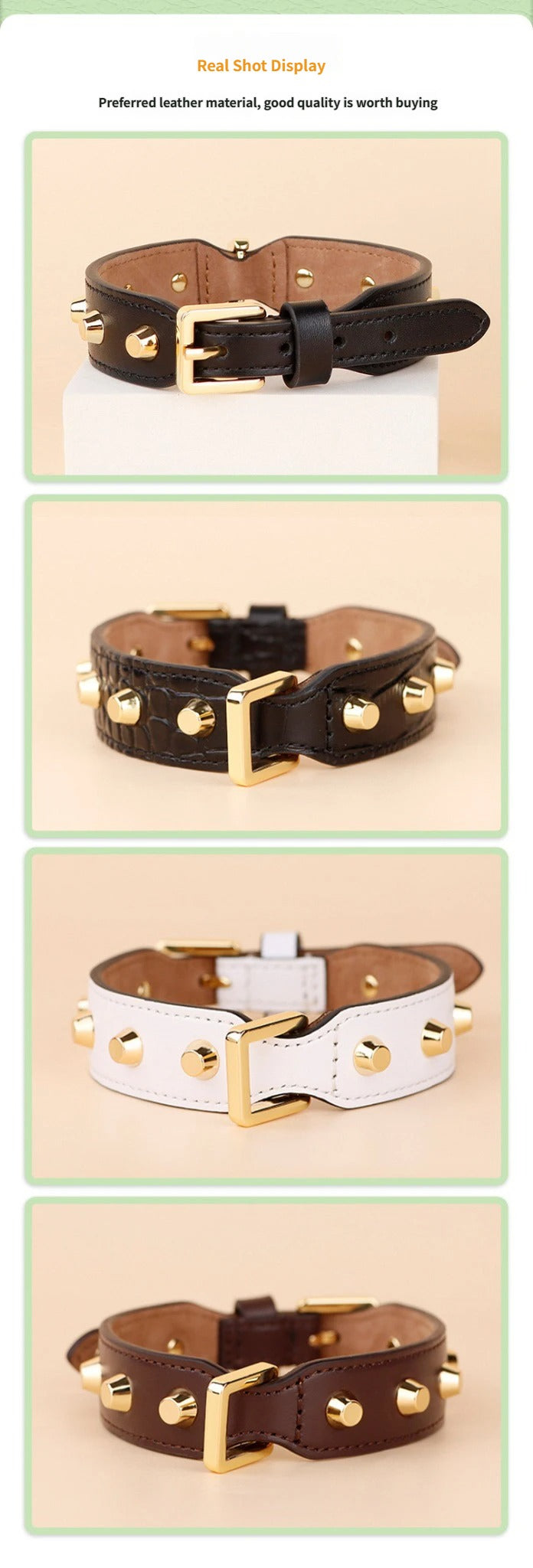 Genuine Leather Dog Collar with Gold Rivet Studs Adjustable Heavy Duty Collar for Small Medium Dogs pet walking training collar