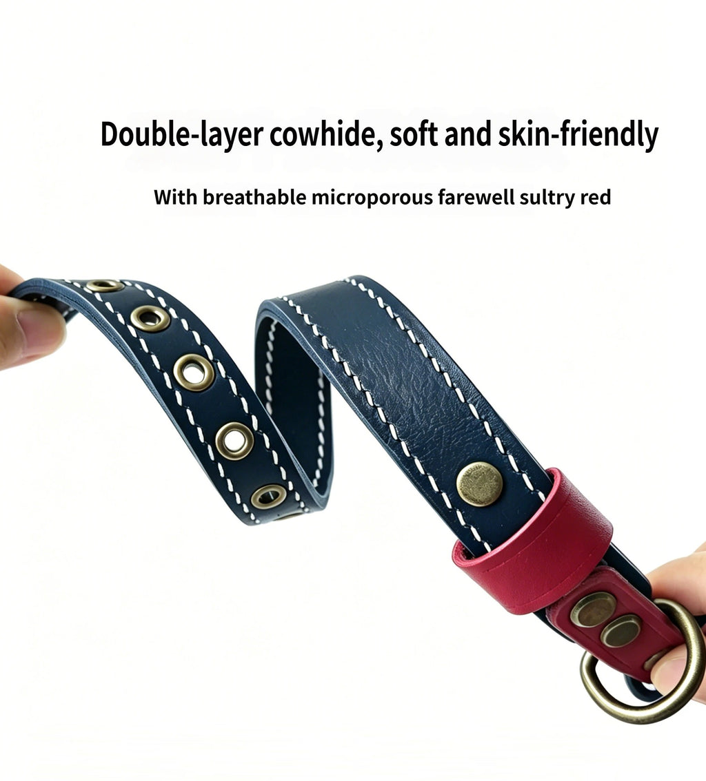 Double Layer Genuine Leather Dog Collar Adjustable Anti-Pull Dog Collar Heavy Duty Leather Pet Collar for Medium Large Dogs