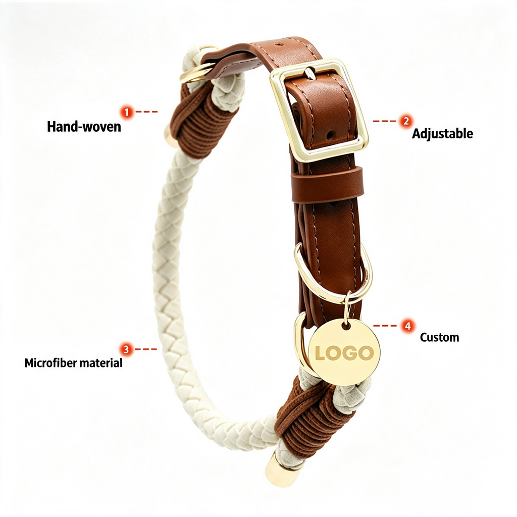 Hand Braided Rope Dog collar and Leash PU leather adjustable pet collar Multi-Functional Heavy Duty Walking Training Dog Leash