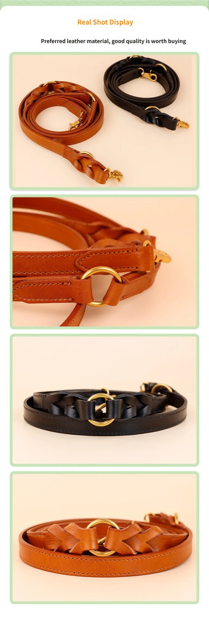 Genuine Leather Braided Dog Leash Multi-Functional Crossbody Dog Walking Lead Heavy Duty Durable Anti-Pull dog Training leash