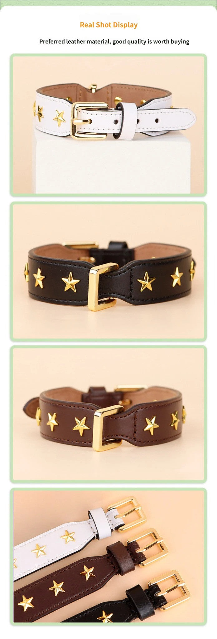 genuine Leather Pet Collar with Gold Metal Star Rivets Adjustable Soft Star Studded Leather Dog Collar wide Dog walking collar