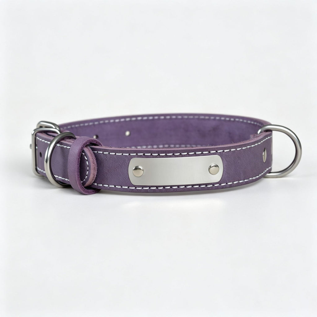 Genuine Leather Dog Collar with Custom Stainless Steel Name Plate Adjustable Heavy Duty Anti‑Pull Pet Collar for Daily Walking