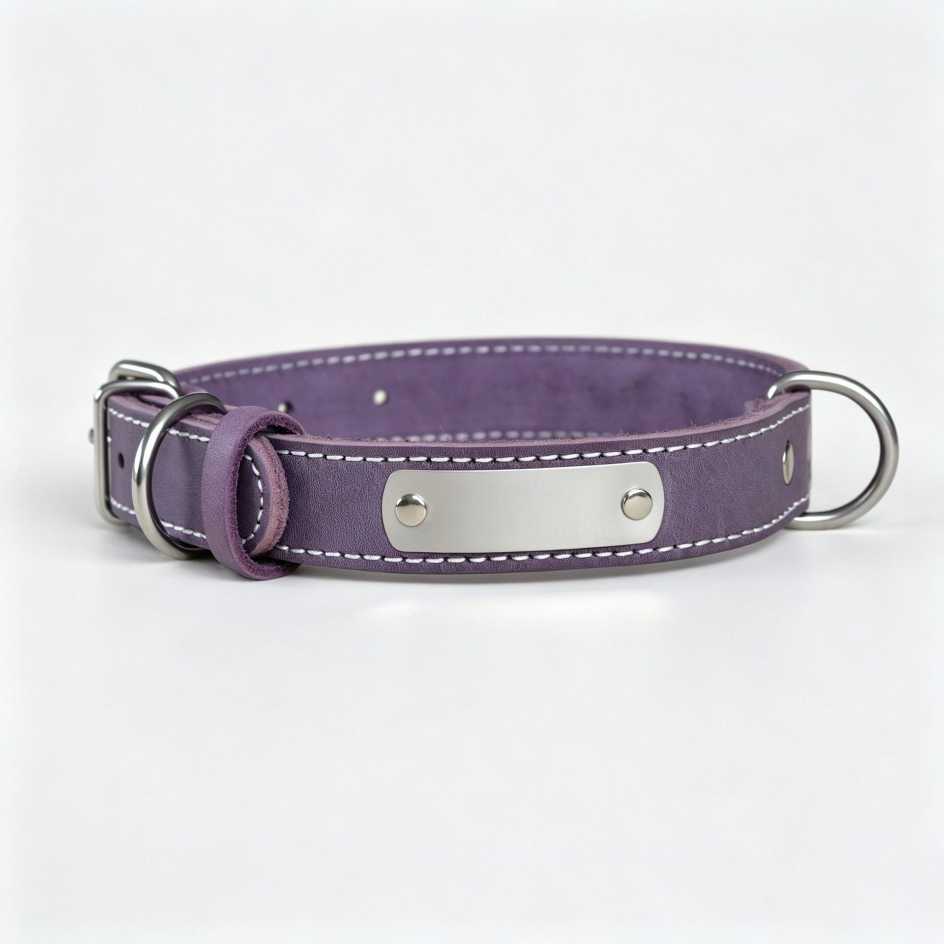 Genuine Leather Dog Collar with Custom Stainless Steel Name Plate Adjustable Heavy Duty Anti‑Pull Pet Collar for Daily Walking