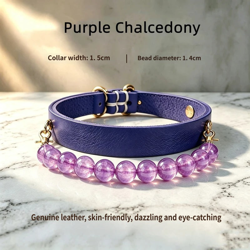 Stealth Stone Healing Crystal Beaded Dog Collar Genuine leather Natural gem Beaded Pet cat Necklace Pet Gift for Daily Wear