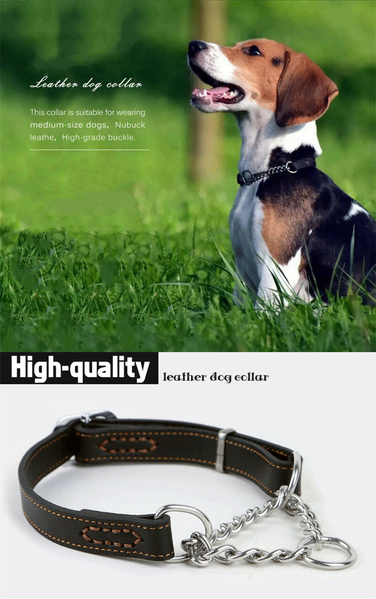 Genuine Leather Martingale Dog Collar Stainless Steel dog Half Check Training P Chain Collar Adjustable Heavy Duty Pet walking collar
