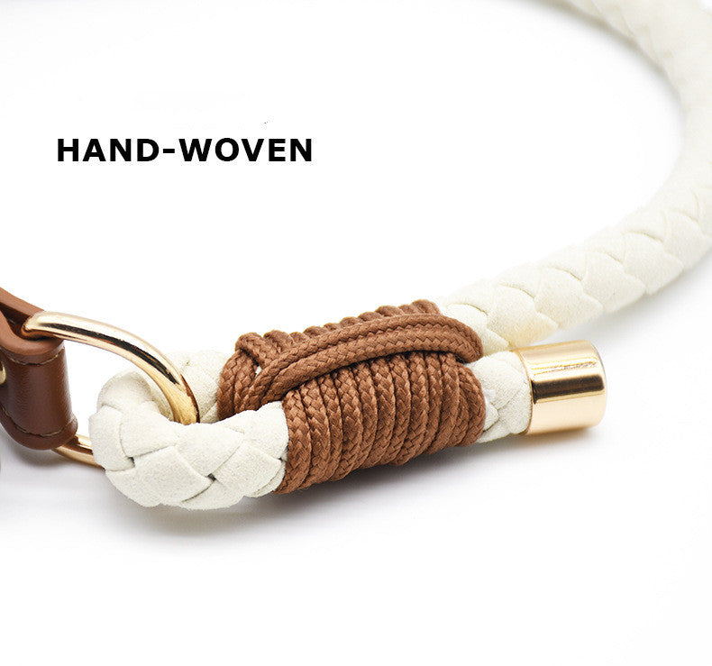 Hand Braided Rope Dog collar and Leash PU leather adjustable pet collar Multi-Functional Heavy Duty Walking Training Dog Leash