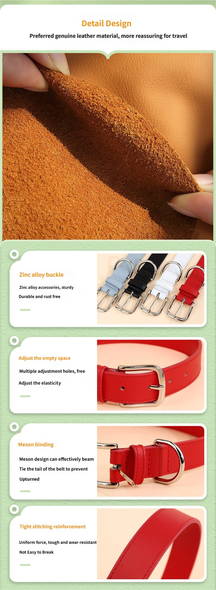 3cm wide Genuine Leather Dog Collar Adjustable Walking Collar for small to Medium Dogs no-pull heavy duty pet collar