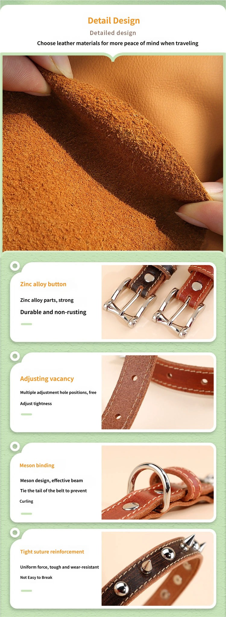 Genuine Leather Spiked Dog Collar Sharp Studded Anti-Bite Pet Collar Adjustable Heavy Duty Leather Collar for small medium dogs