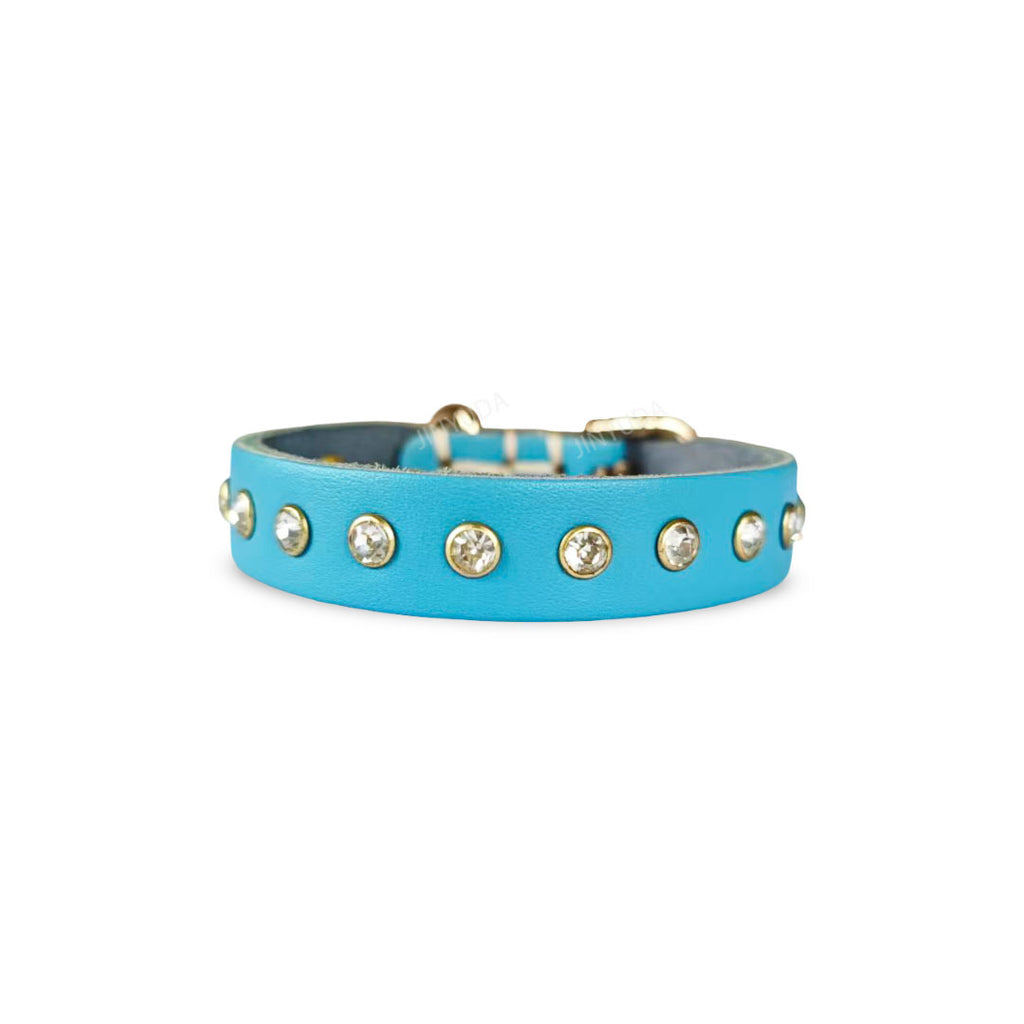 Genuine Leather Dog Collar with  Rhinestone Adjustable Soft Leather Pet Collar Durable no-pull Walking Collar for Small Dogs & Cats
