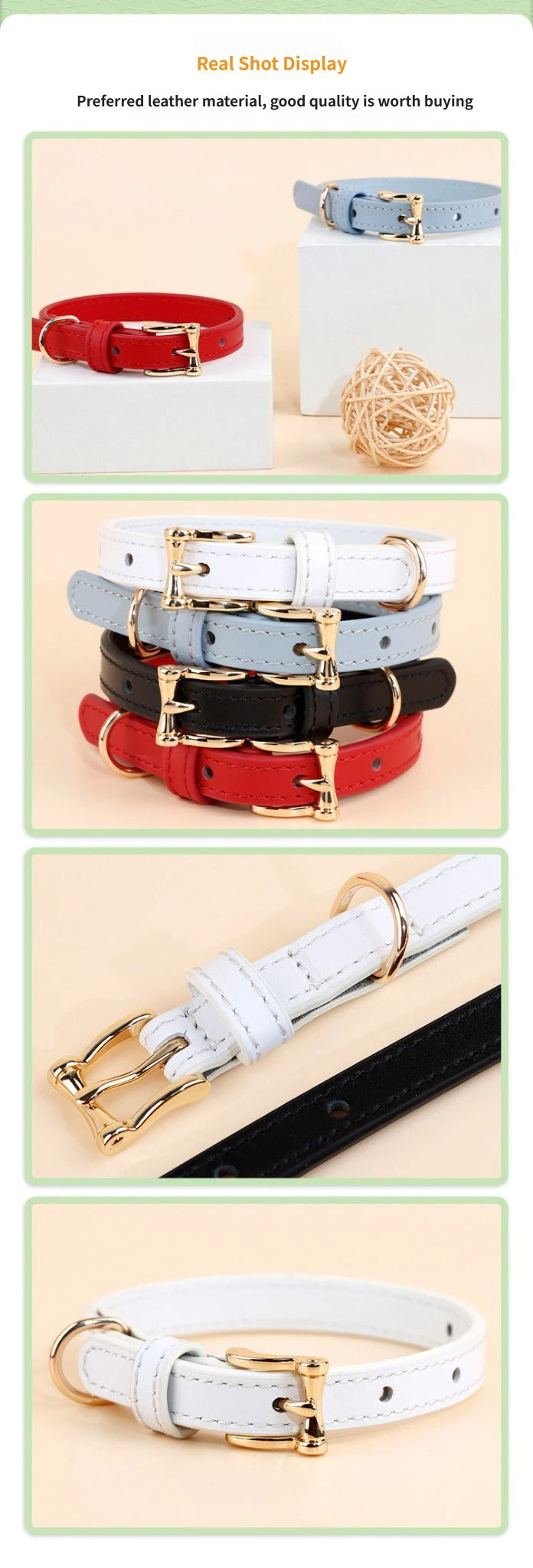 Soft Genuine Leather Dog Collar for Small Dogs handmade Adjustable dog collar with Gold Metal Buckle no-pull Pet Walking Collar
