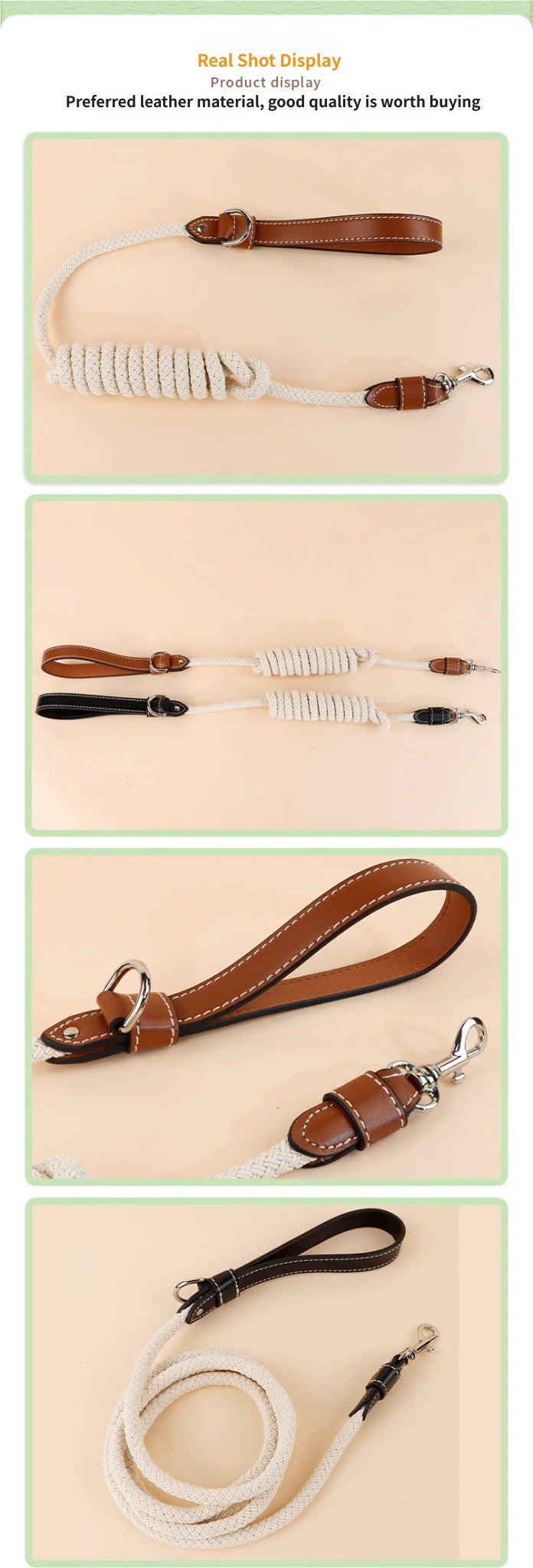 Braided Cotton Rope Dog Leash with Genuine Leather Handle Heavy Duty Anti-Pull Walking Lead Soft Comfortable Pet Training Leash