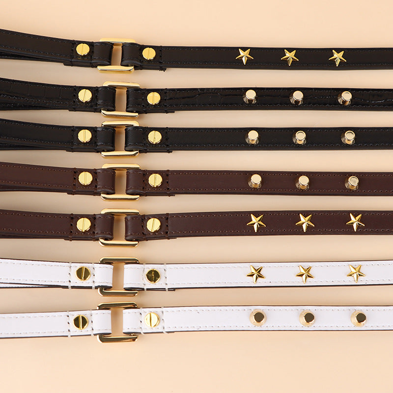 Genuine Leather Dog Leash Thin Stylish Pet Walking Leash with Gold Round Studs Adjustable Soft Leather Puppy Lead