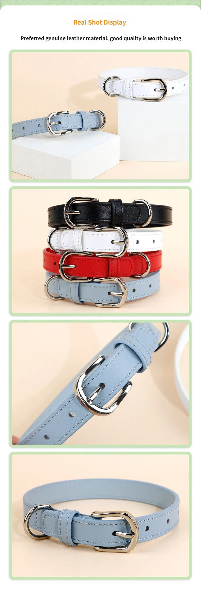 Genuine Cowhide Leather Dog Collar Adjustable Walking Collar for small to Medium Dogs no-pull heavy duty pet collar