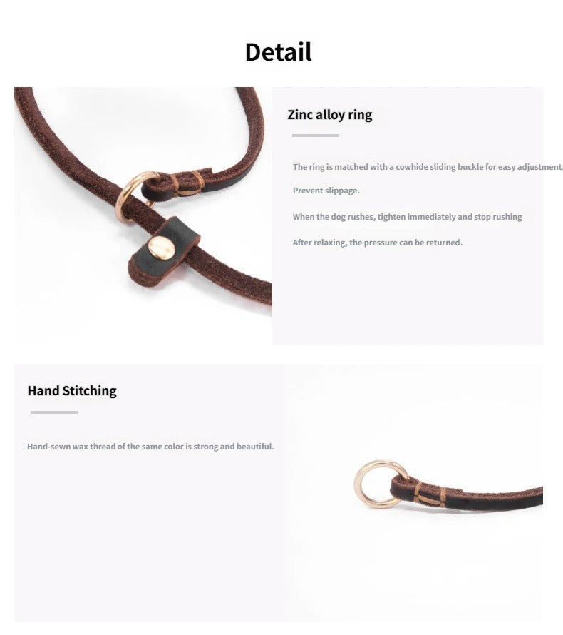 Genuine Leather Slip Lead Dog Leash Handmade Cowhide Training Dog Lead Adjustable Anti‑Pull Puppy Walking Control Leash for Small Medium Dogs