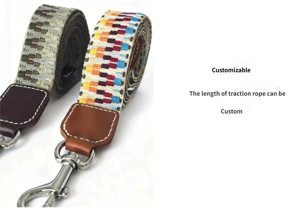 Bohemian Hand Woven Dog Collar 3.8CM Wide Genuine Leather dog collar Soft Cotton Webbing Heavy Duty Pet Walking Leash For Small Medium Large Dogs