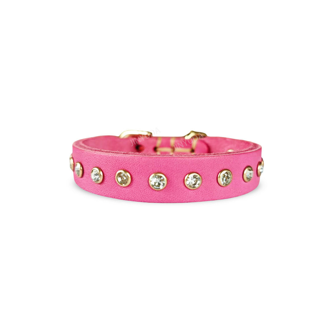 Genuine Leather Dog Collar with  Rhinestone Adjustable Soft Leather Pet Collar Durable no-pull Walking Collar for Small Dogs & Cats