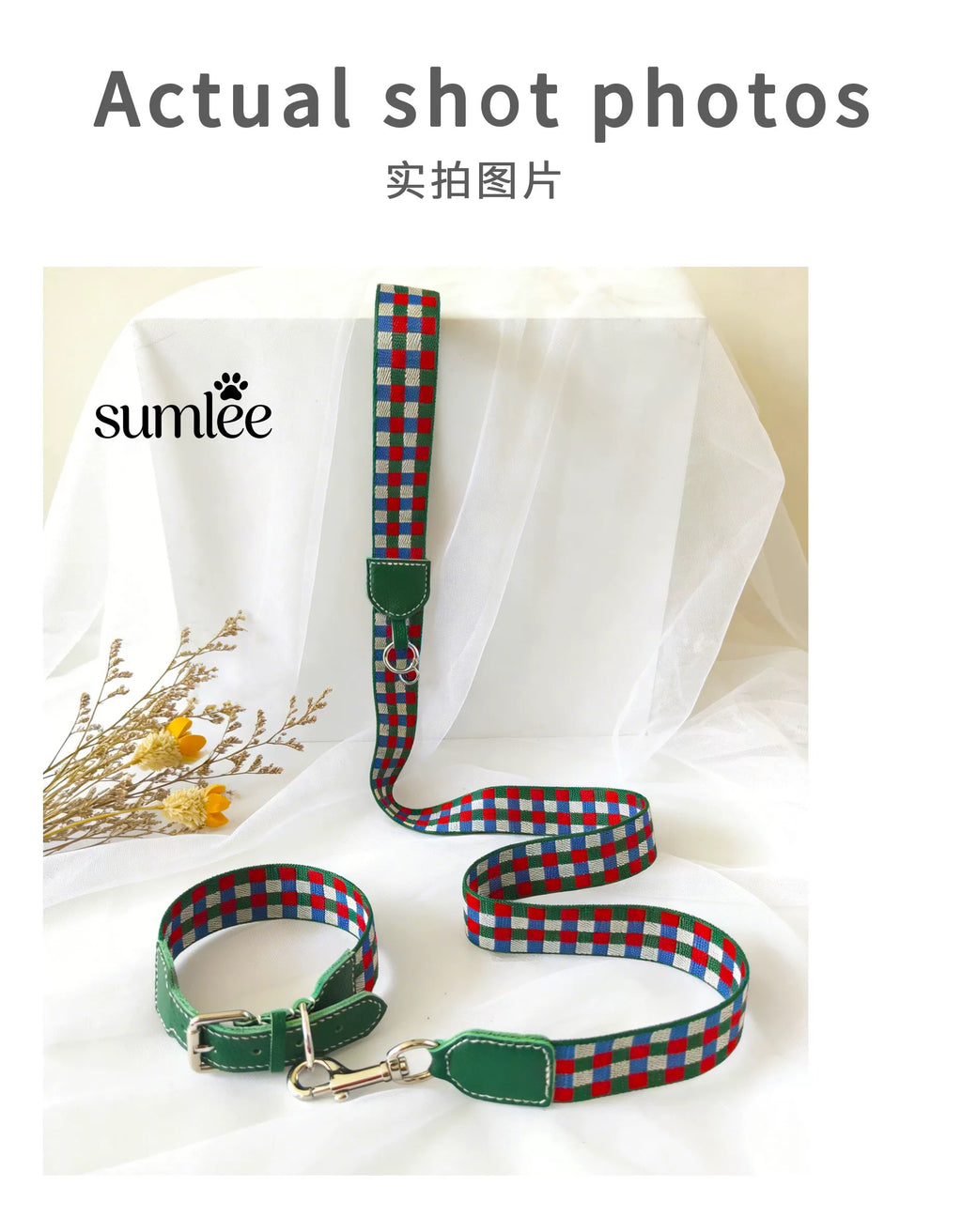 3.8cm Wide Genuine Leather Dog Collar Woven webbing Checkered Pet leash Boho style Adjustable Grid Dog Collar and leash