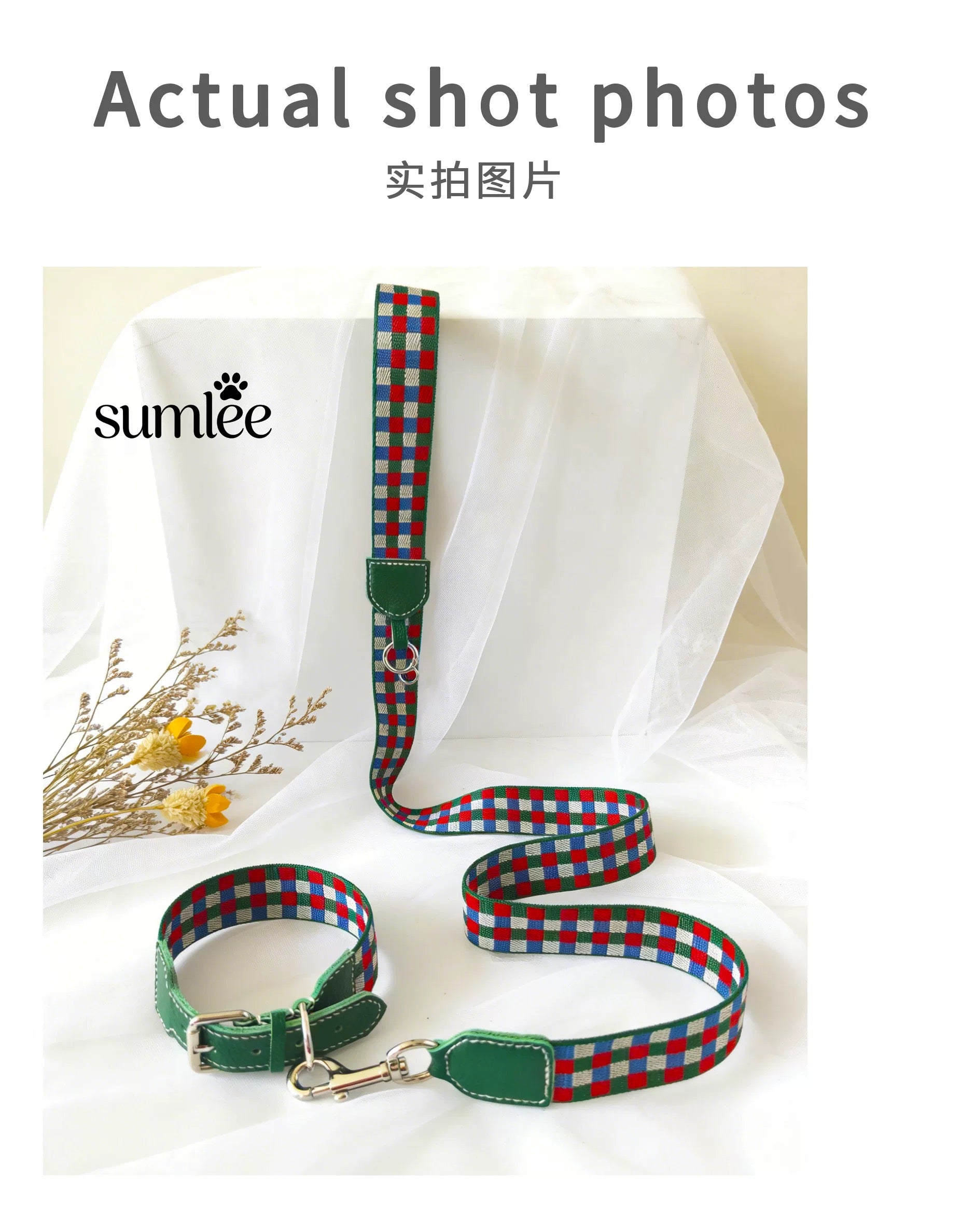 3.8cm Wide Genuine Leather Dog Collar Woven webbing Checkered Pet leash Boho style Adjustable Grid Dog Collar and leash