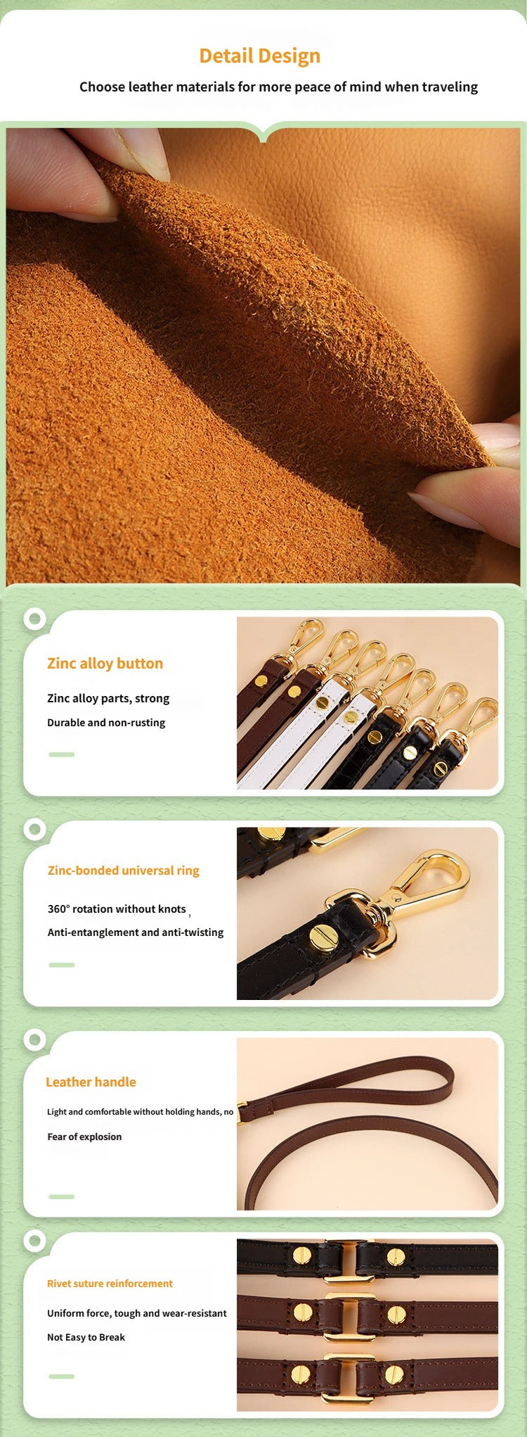 Genuine Leather Dog Leash Thin Stylish Pet Walking Leash with Gold Round Studs Adjustable Soft Leather Puppy Lead