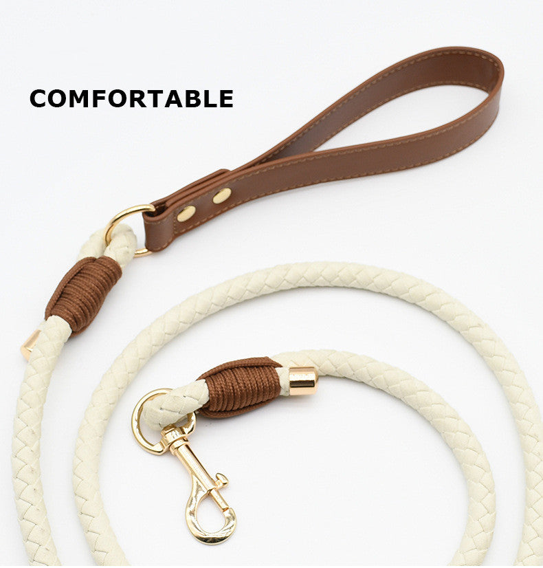 Hand Braided Rope Dog collar and Leash PU leather adjustable pet collar Multi-Functional Heavy Duty Walking Training Dog Leash