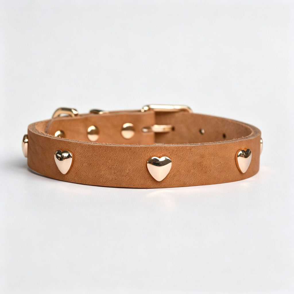 Genuine Full-Grain Leather Dog Collar Gold Heart Rivets Decor adjustable Pet Collar heavy duty no pull dog walking collar