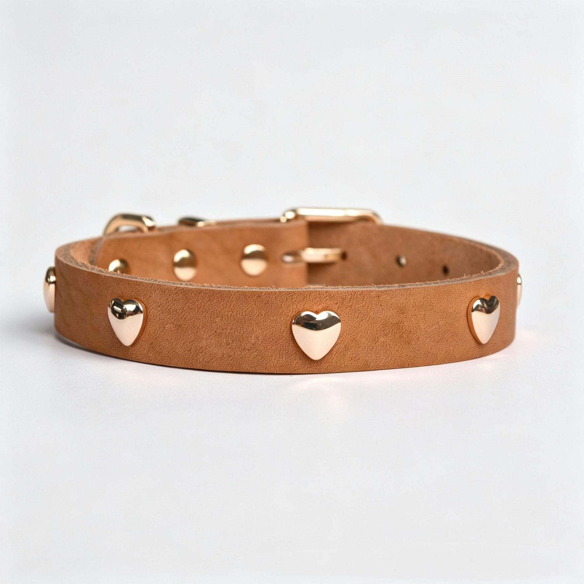Genuine Full-Grain Leather Dog Collar Gold Heart Rivets Decor adjustable Pet Collar heavy duty no pull dog walking collar