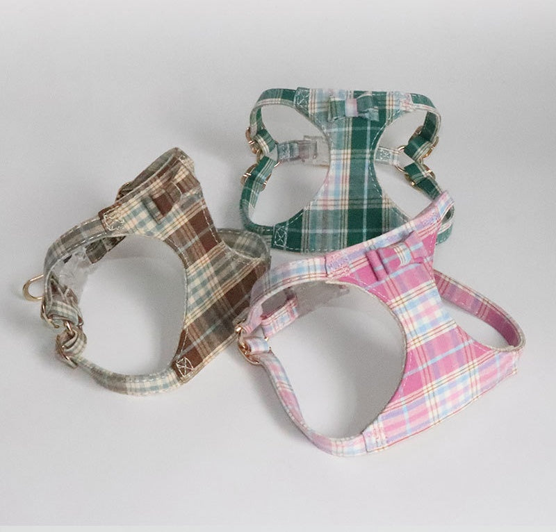 plaid pet harness and leash set with bow detail