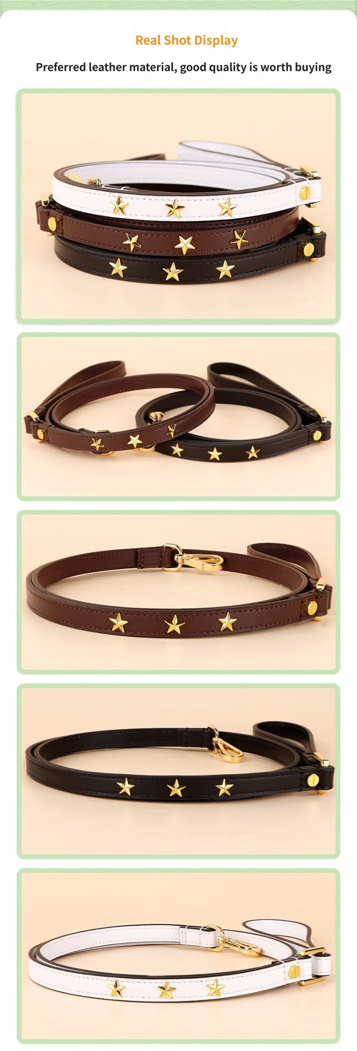 Genuine Leather Dog Leash with Gold Star Studs Luxury Soft Leather Puppy Walking Lead Pet Leash for Small Medium large Dogs
