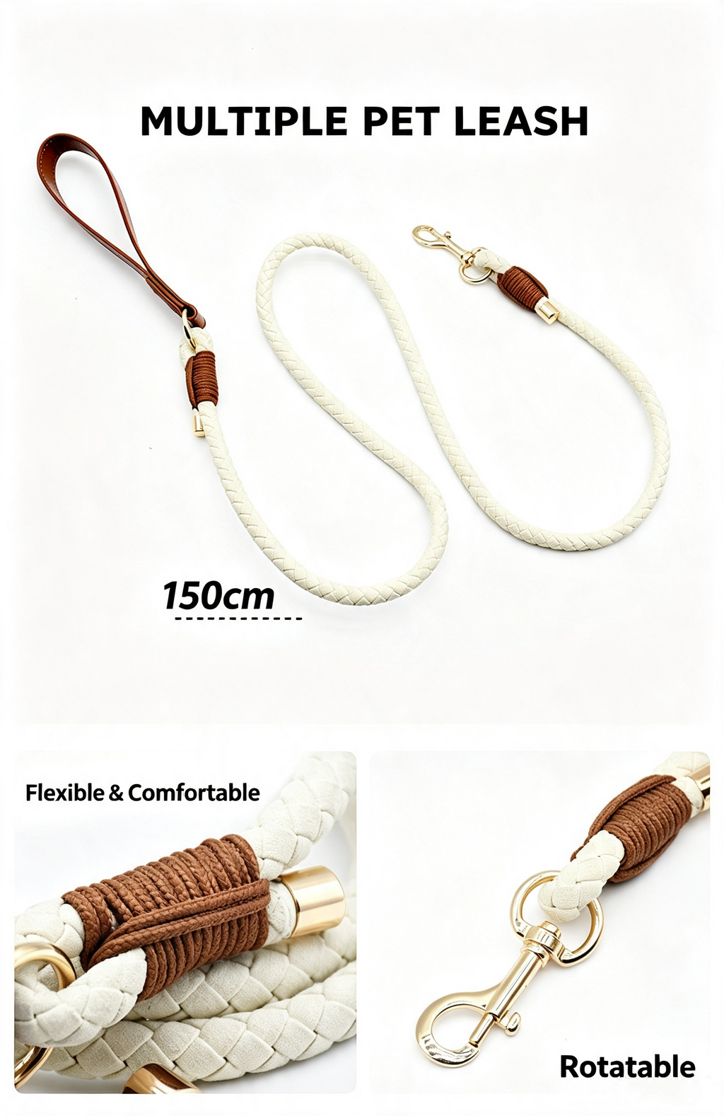 Hand Braided Rope Dog collar and Leash PU leather adjustable pet collar Multi-Functional Heavy Duty Walking Training Dog Leash