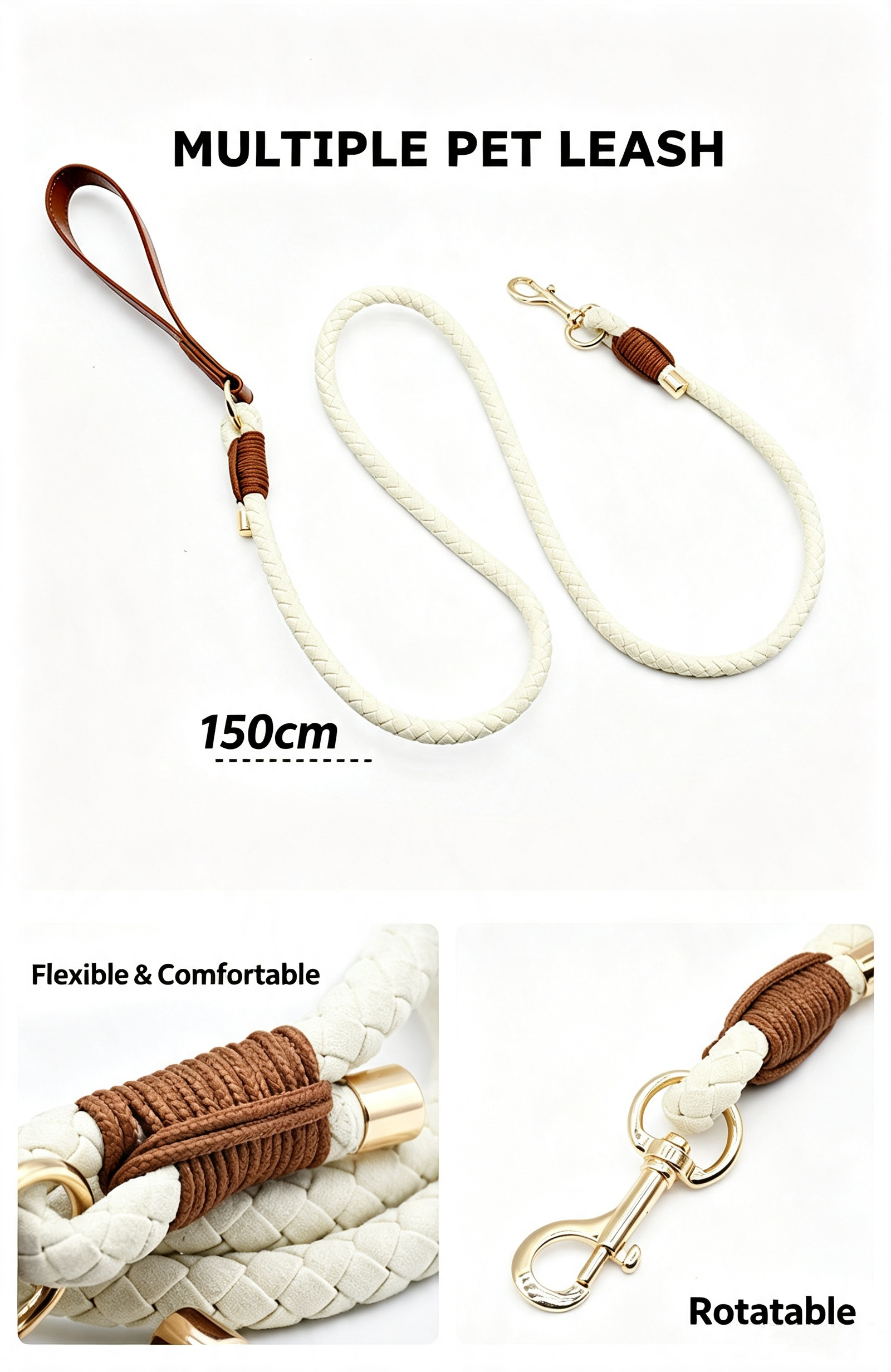 Hand Braided Rope Dog collar and Leash PU leather adjustable pet collar Multi-Functional Heavy Duty Walking Training Dog Leash