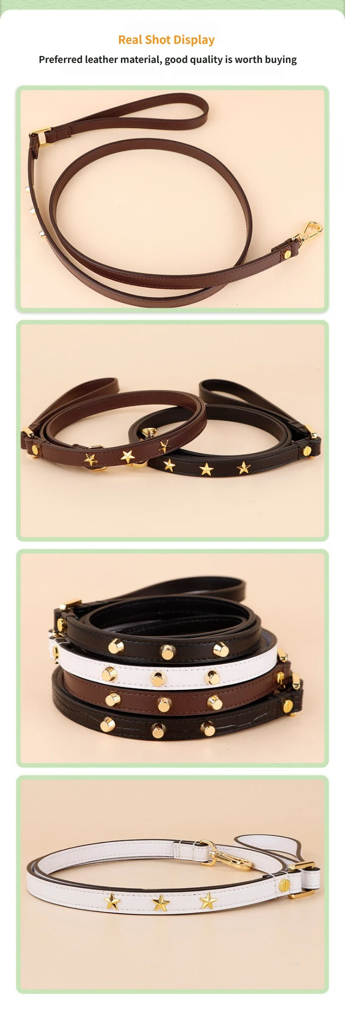Genuine Leather Dog Leash Thin Stylish Pet Walking Leash with Gold Round Studs Adjustable Soft Leather Puppy Lead
