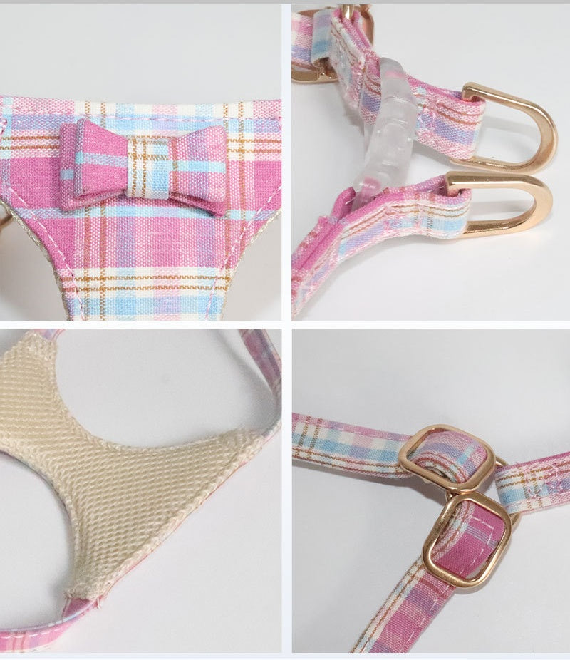 plaid pet harness and leash set with bow detail