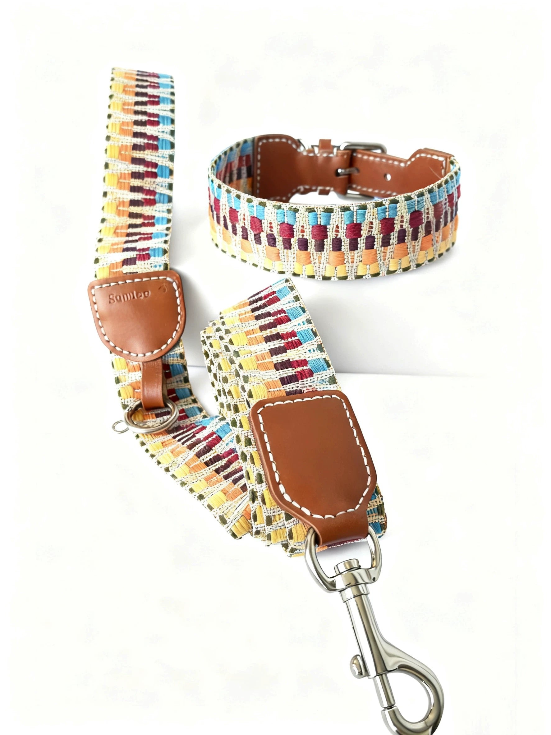 Bohemian Hand Woven Dog Collar 3.8CM Wide Genuine Leather dog collar Soft Cotton Webbing Heavy Duty Pet Walking Leash For Small Medium Large Dogs