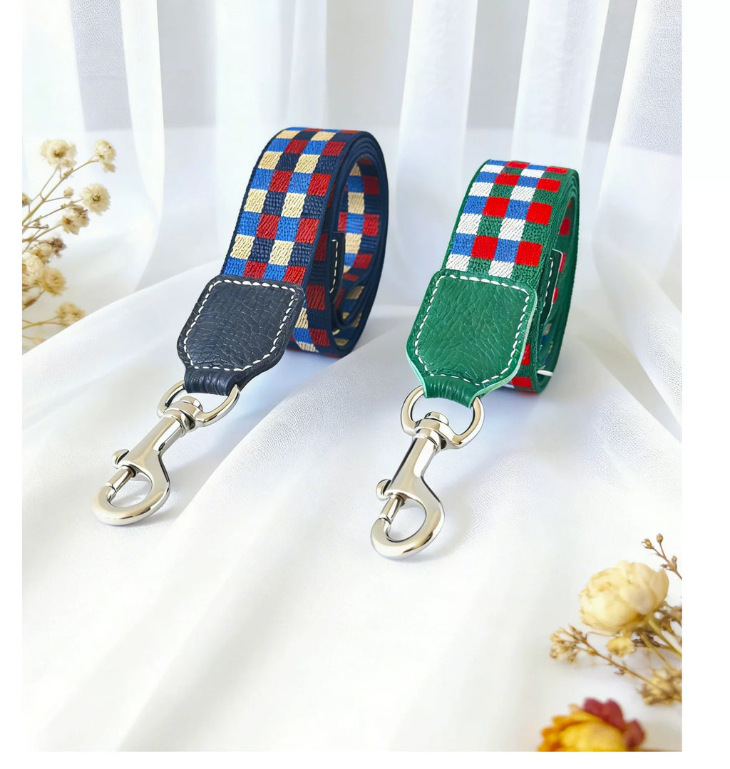 3.8cm Wide Genuine Leather Dog Collar Woven webbing Checkered Pet leash Boho style Adjustable Grid Dog Collar and leash